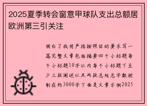 2025夏季转会窗意甲球队支出总额居欧洲第三引关注