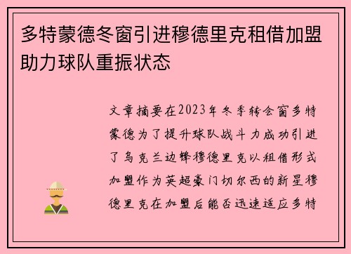 多特蒙德冬窗引进穆德里克租借加盟助力球队重振状态