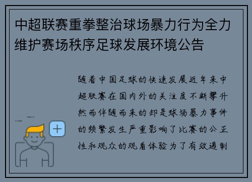 中超联赛重拳整治球场暴力行为全力维护赛场秩序足球发展环境公告